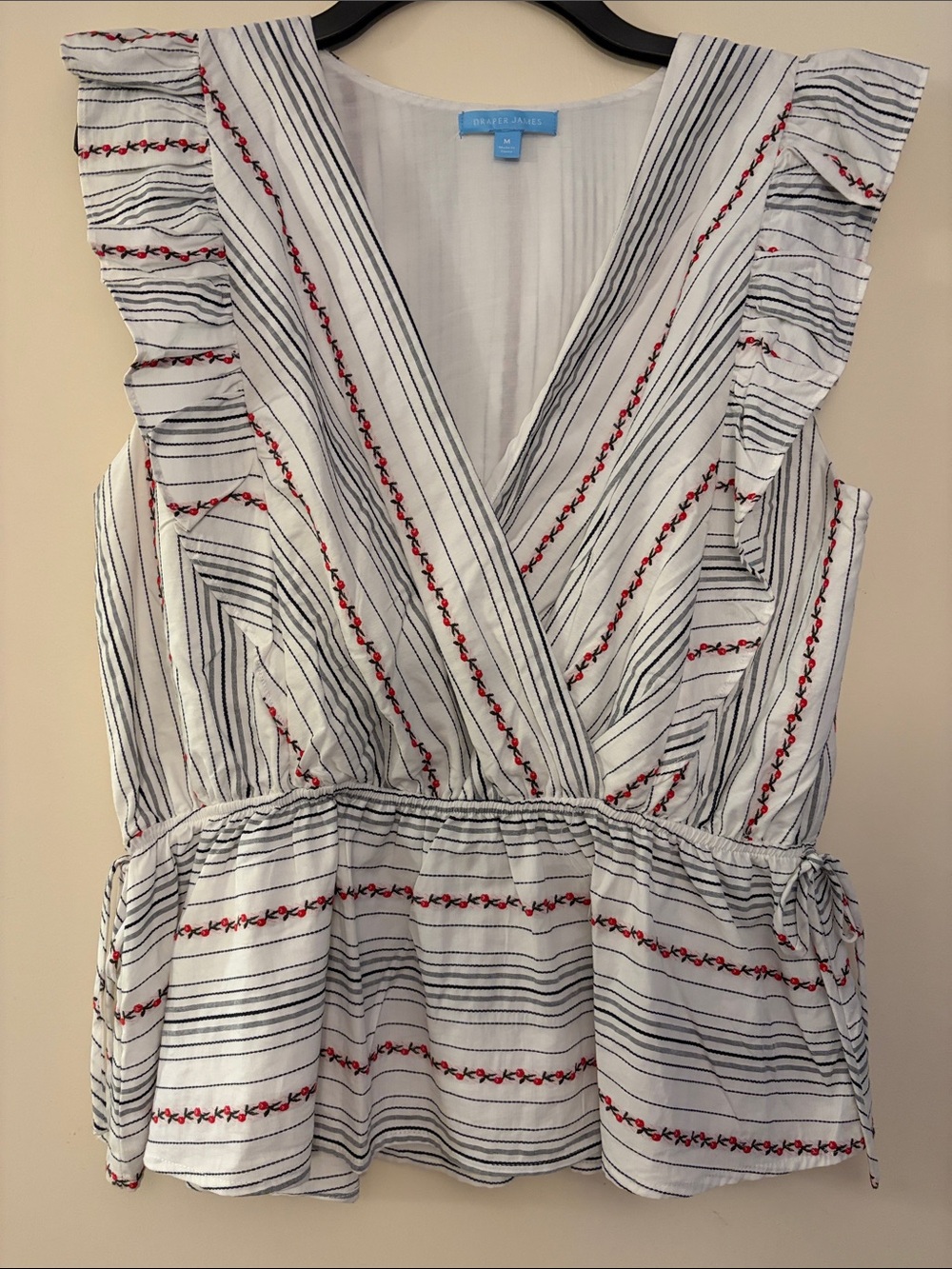 Draper James Women’s White Striped Peplum Top with Red Floral Embroidery, size M